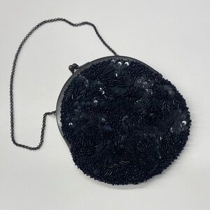 BCBGMaxAzria Black Beaded Floral Wristlet evening purse